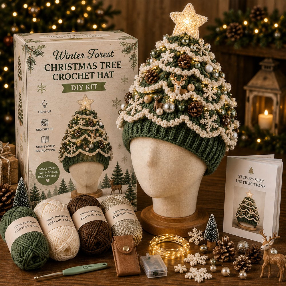 🎄 Nybegynnervennlig DIY-sett med lysende juletrehatt | Festlig hobbysett for nye heklere