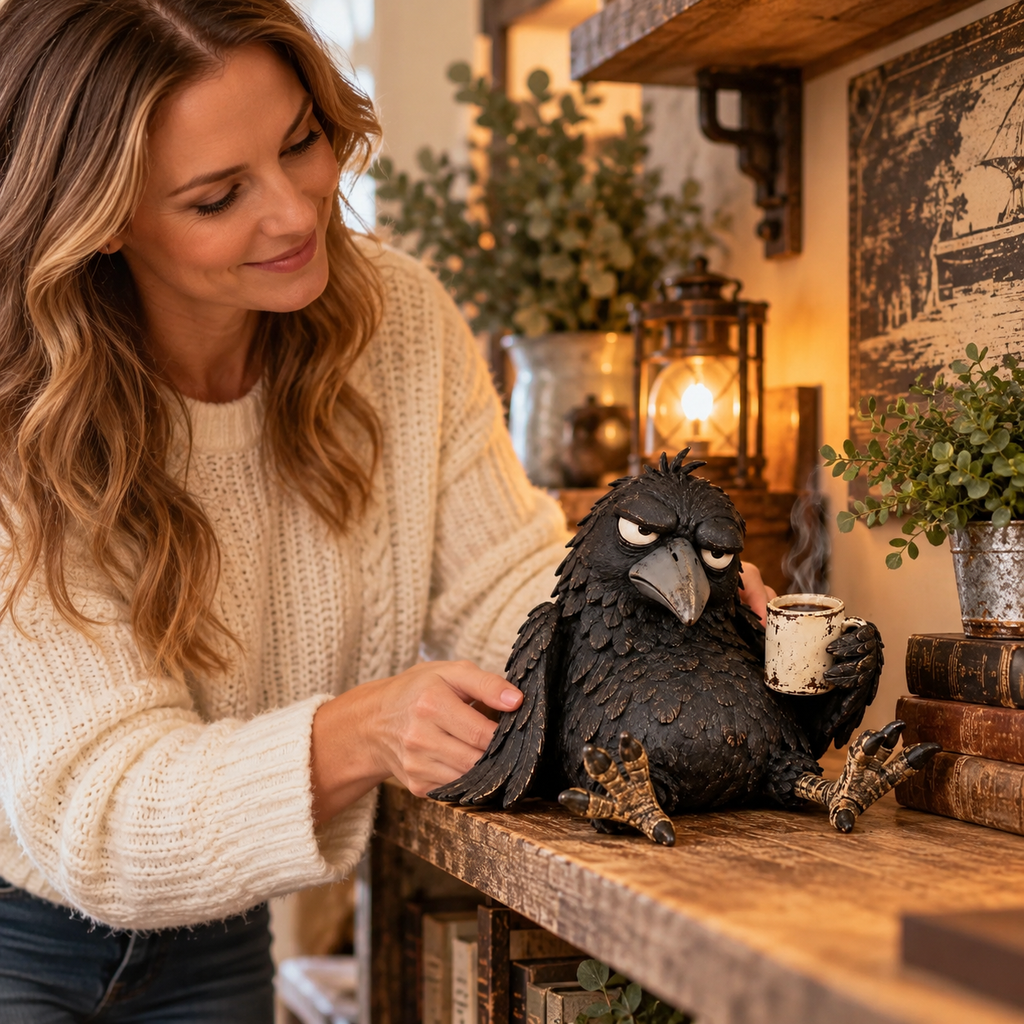 Figur av gretten kaffe-ravn – Morsom morgenpynt med teksten «Ikke ennå»