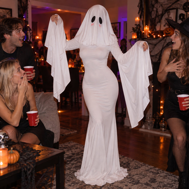 Tettsittende Halloween-kostyme som spøkelsesprinsesse (kan brukes begge veier)