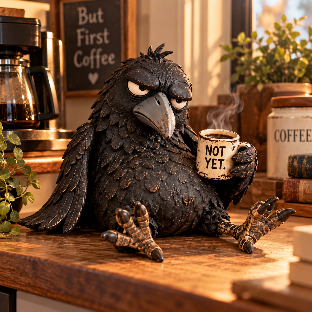 Figur av gretten kaffe-ravn – Morsom morgenpynt med teksten «Ikke ennå»