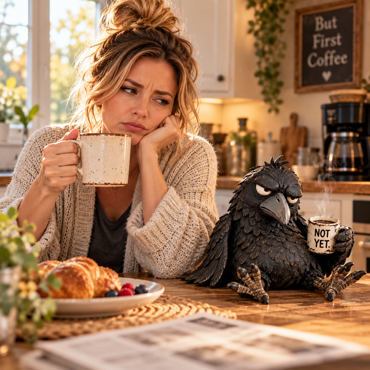 Figur av gretten kaffe-ravn – Morsom morgenpynt med teksten «Ikke ennå»