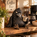 Figur av gretten kaffe-ravn – Morsom morgenpynt med teksten «Ikke ennå»