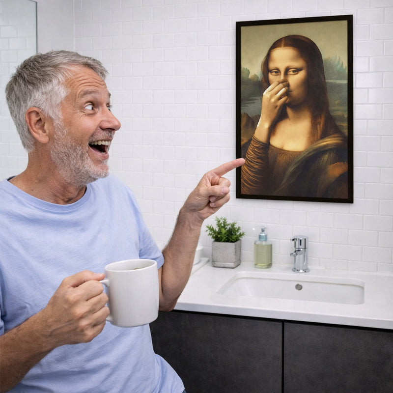 🎄 Julekampanje: 40 % rabatt i en begrenset periode 🔥 Kunsttrykk av «Mona Lisa» som holder seg for nesen (treramme inkludert)