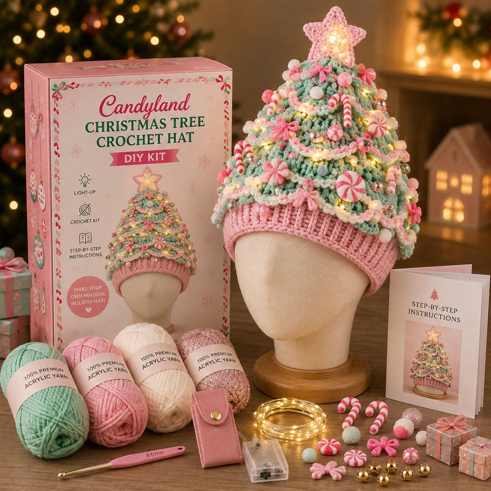 🎄 Nybegynnervennlig DIY-sett med lysende juletrehatt | Festlig hobbysett for nye heklere
