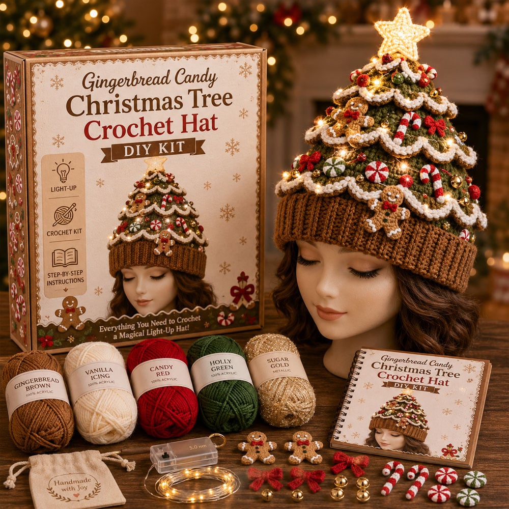 🎄 Nybegynnervennlig DIY-sett med lysende juletrehatt | Festlig hobbysett for nye heklere