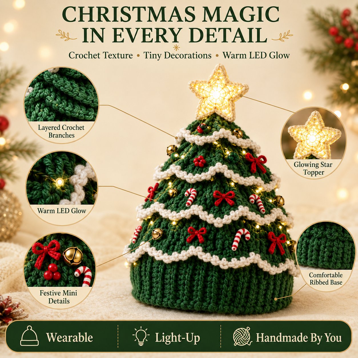 🎄 Nybegynnervennlig DIY-sett med lysende juletrehatt | Festlig hobbysett for nye heklere