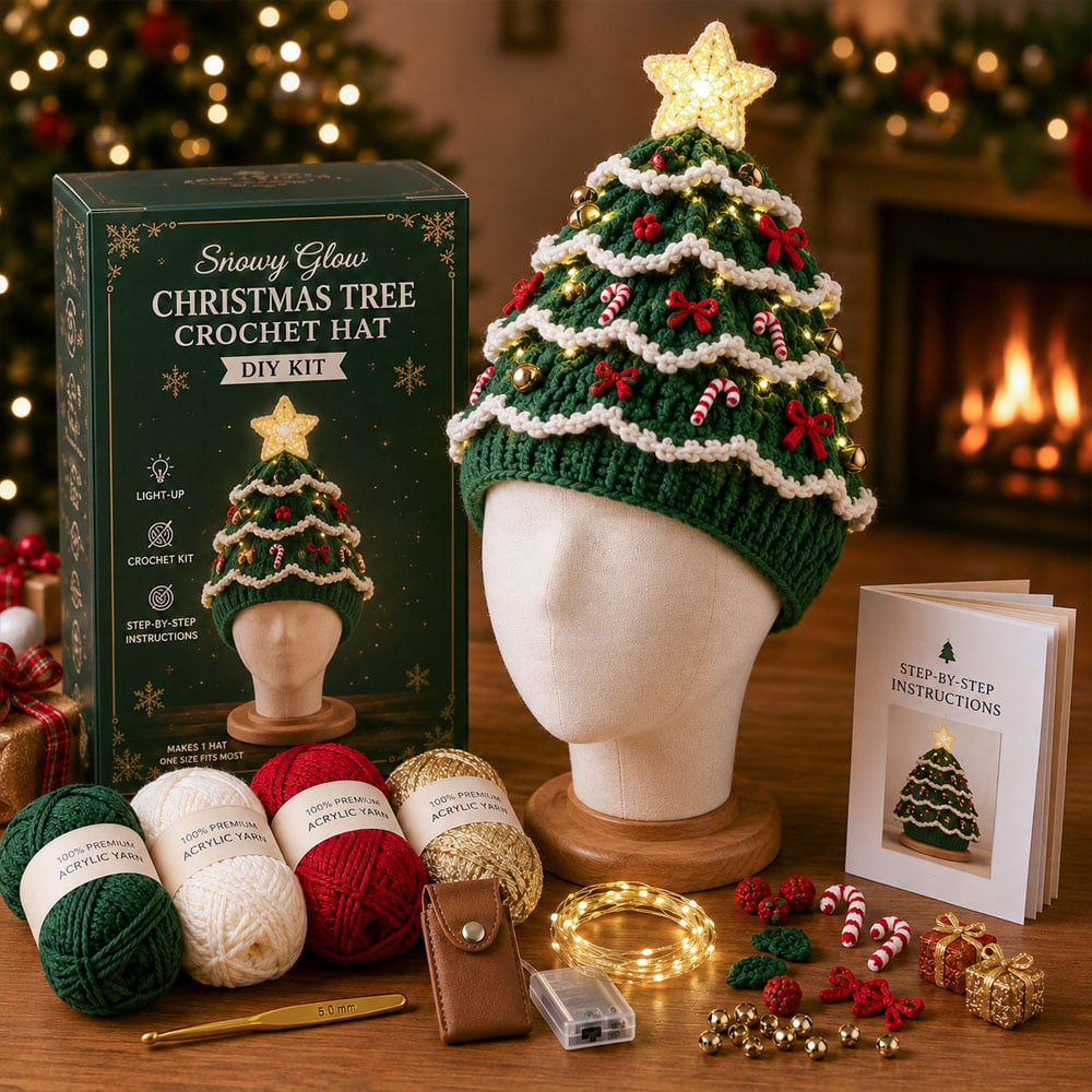 🎄 Nybegynnervennlig DIY-sett med lysende juletrehatt | Festlig hobbysett for nye heklere