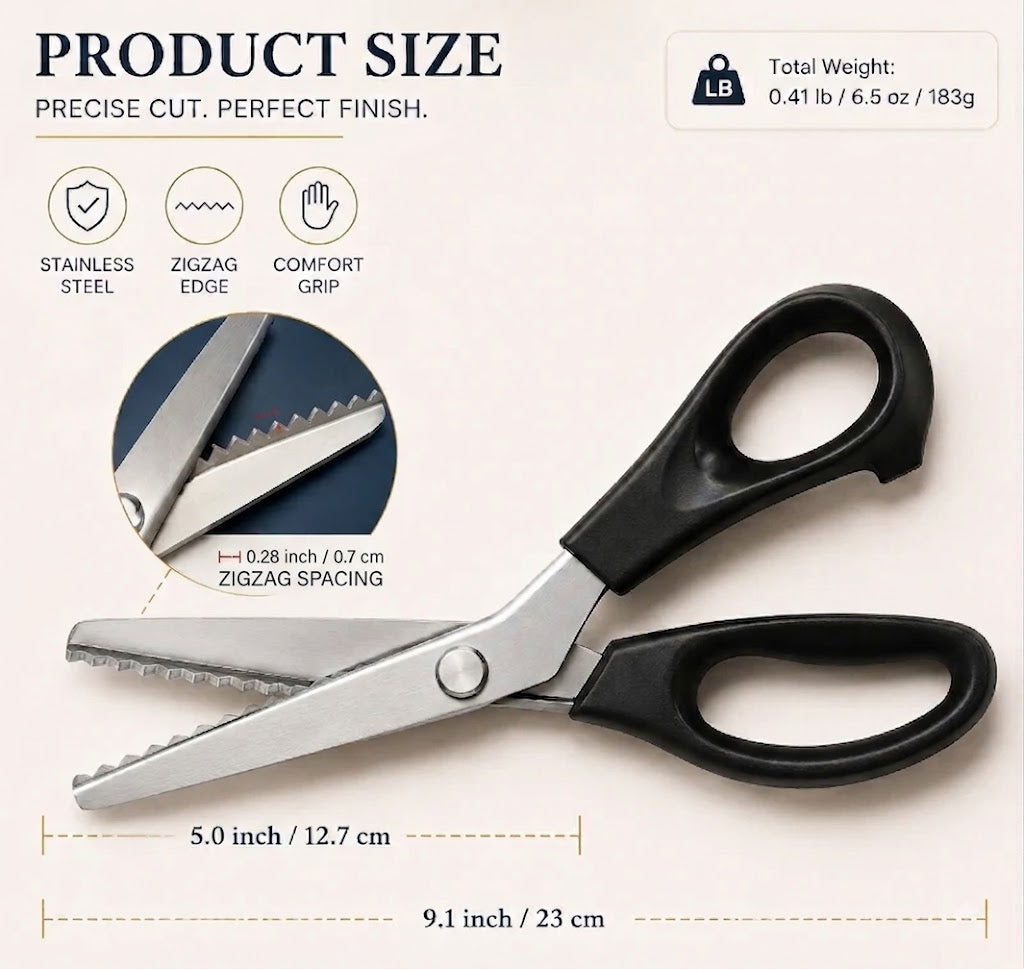 ✂️9,1" profesjonell saks i rustfritt stål – ✨ Skarpe sakser med sikksakkkant og frynsefrie kanter for sying og gjør-det-selv-håndverk
