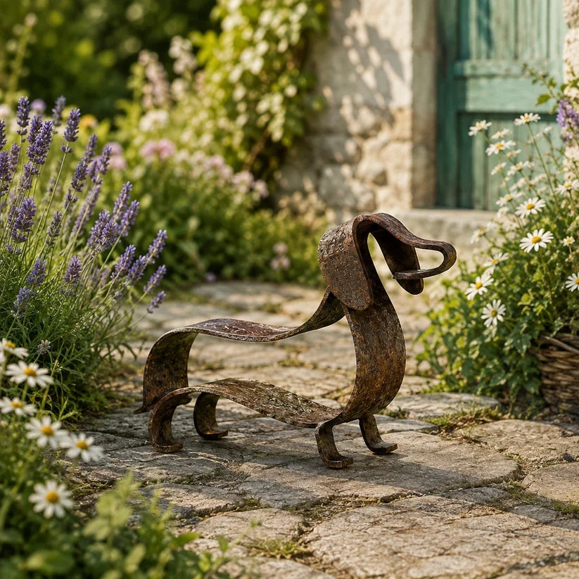 Rustikk metallskulptur av dachshund