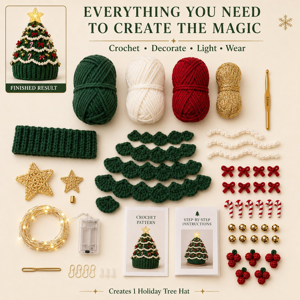 🎄 Nybegynnervennlig DIY-sett med lysende juletrehatt | Festlig hobbysett for nye heklere