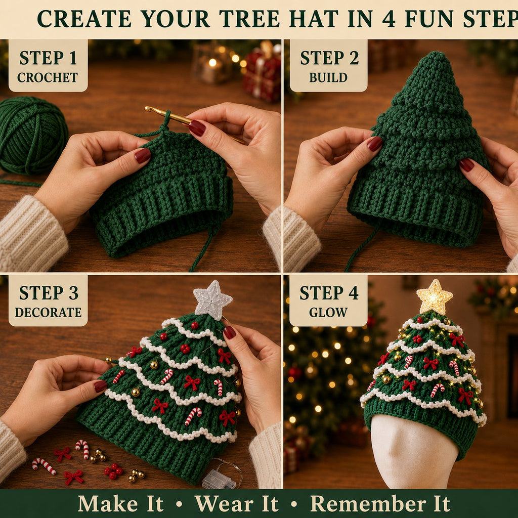 🎄 Nybegynnervennlig DIY-sett med lysende juletrehatt | Festlig hobbysett for nye heklere