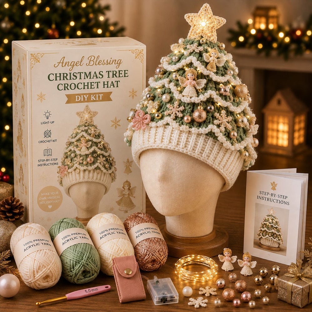 🎄 Nybegynnervennlig DIY-sett med lysende juletrehatt | Festlig hobbysett for nye heklere