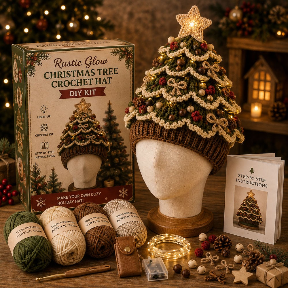 🎄 Nybegynnervennlig DIY-sett med lysende juletrehatt | Festlig hobbysett for nye heklere