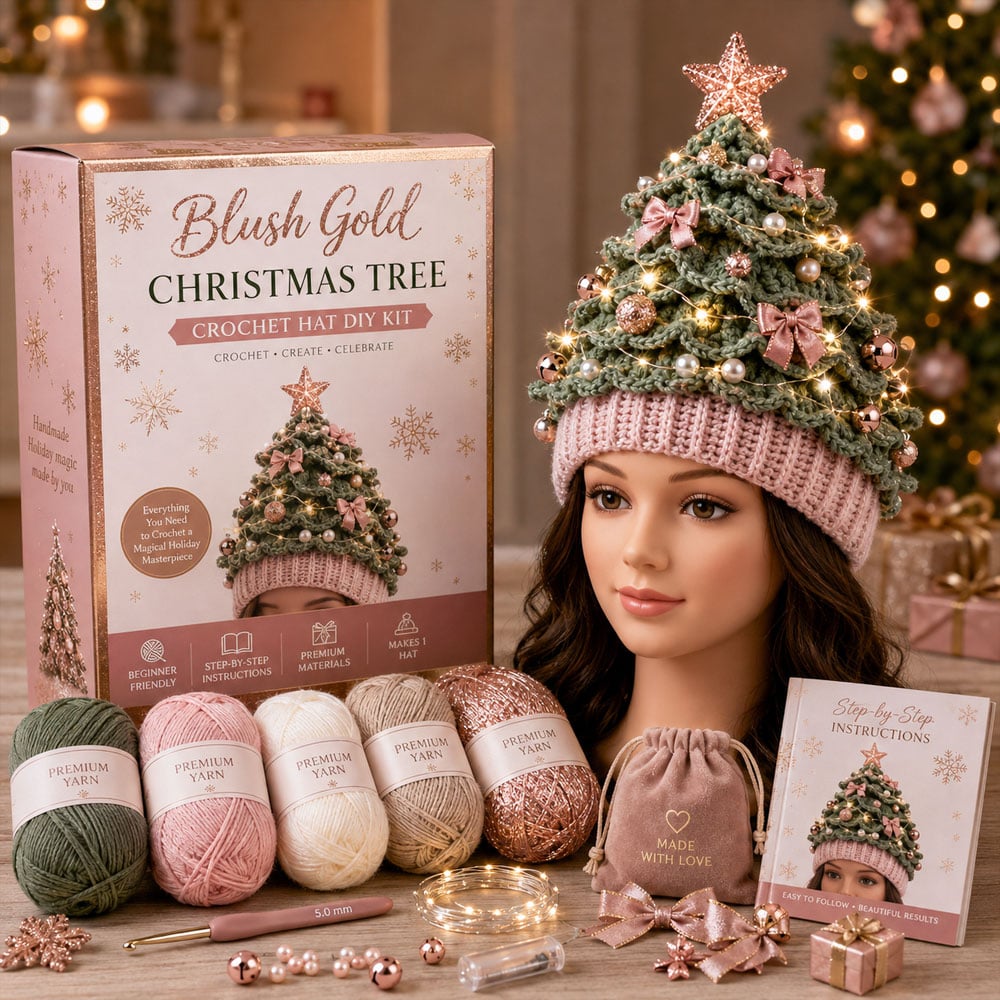 🎄 Nybegynnervennlig DIY-sett med lysende juletrehatt | Festlig hobbysett for nye heklere