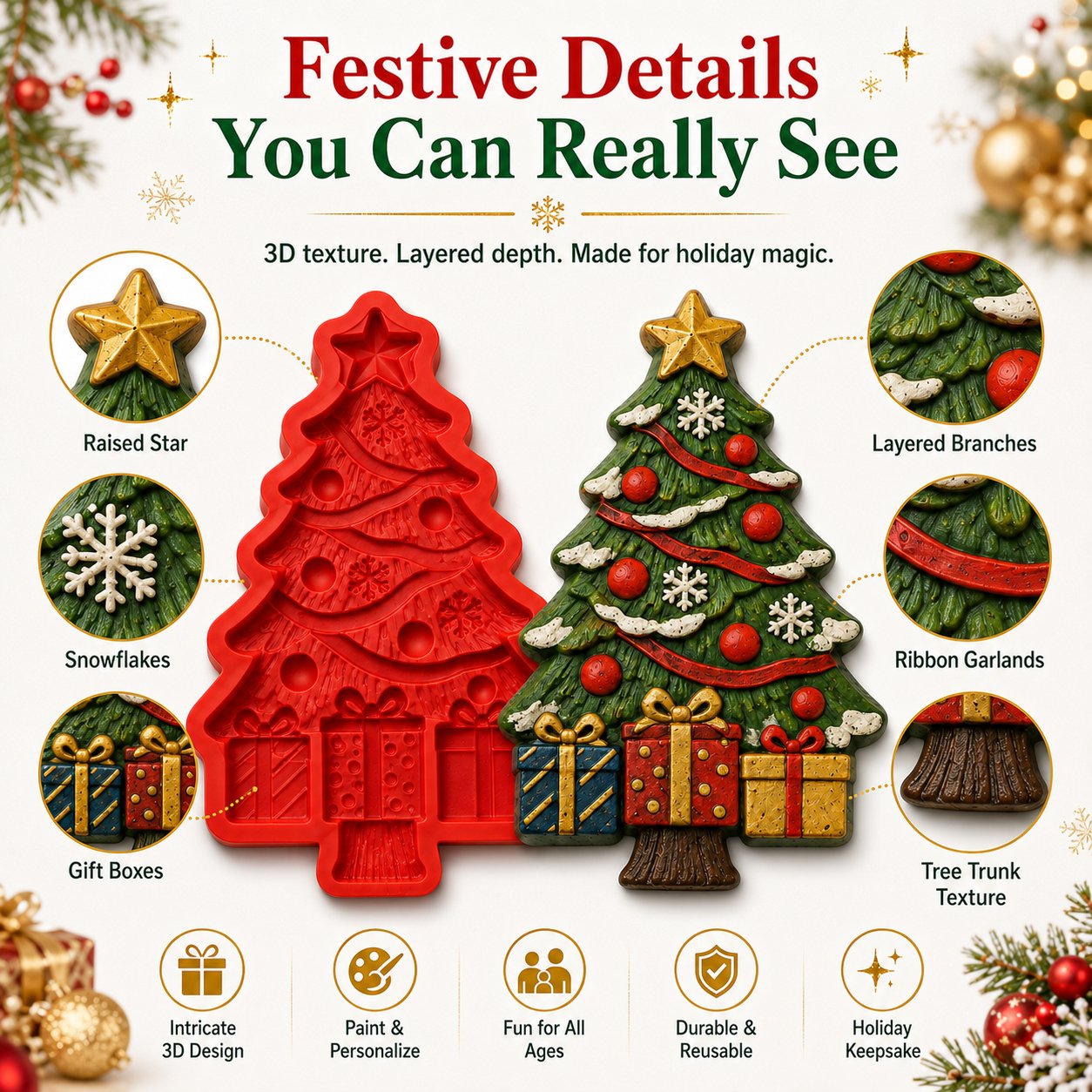 🔥 LAST DAY 49% OFF – 🎄 DIY Christmas Tree Mold & Paint Craft Kit | Reusable 3D Mold with 8 Acrylic Paints, 2 Brushes & Festive Detail Guide 🎨✨